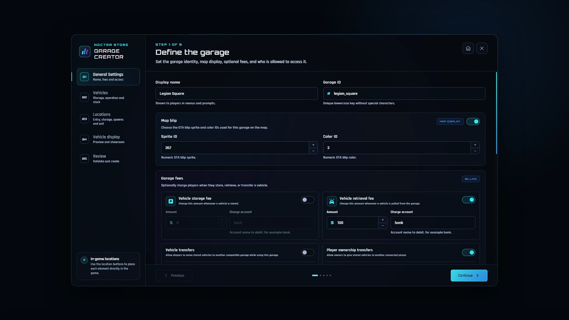 Noctra Garage creator: general settings, vehicles, locations, vehicle display, and review