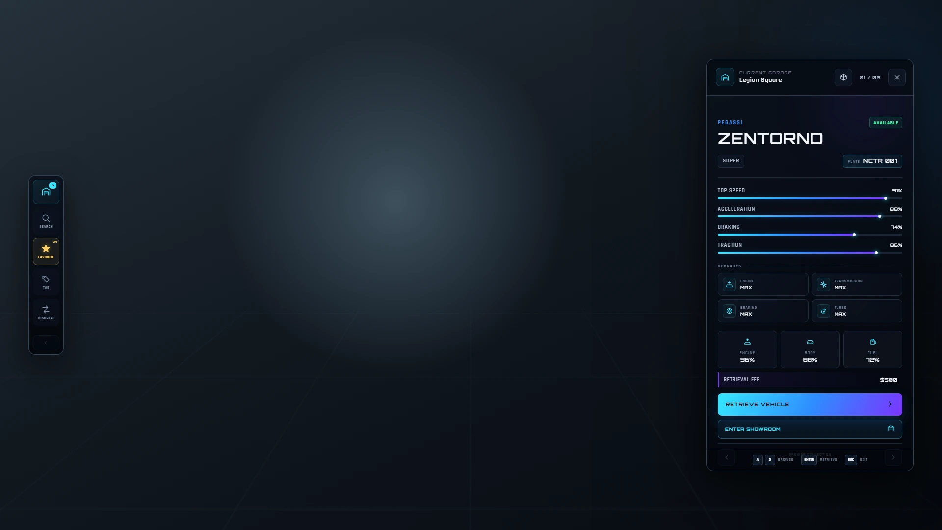 Noctra Garage interface showing vehicle upgrades and condition