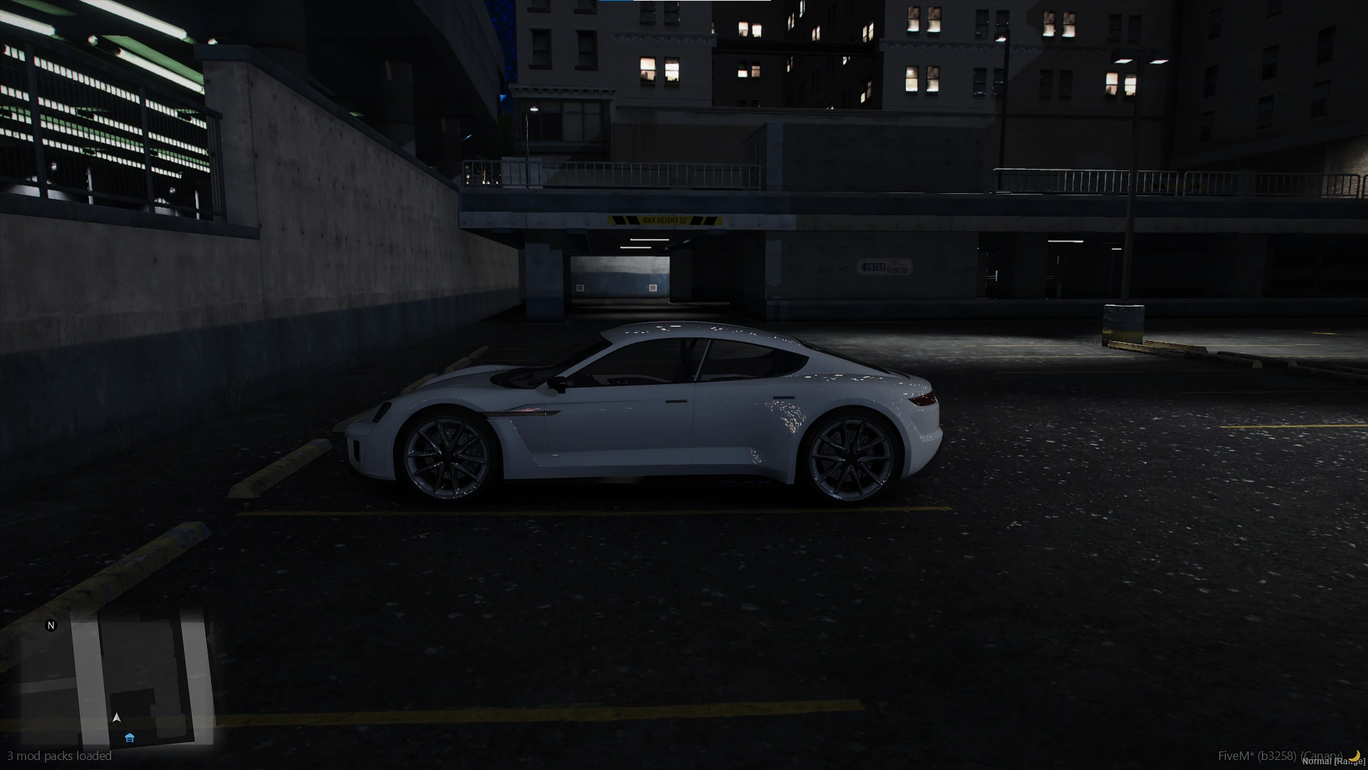 White car parked in the same space at night