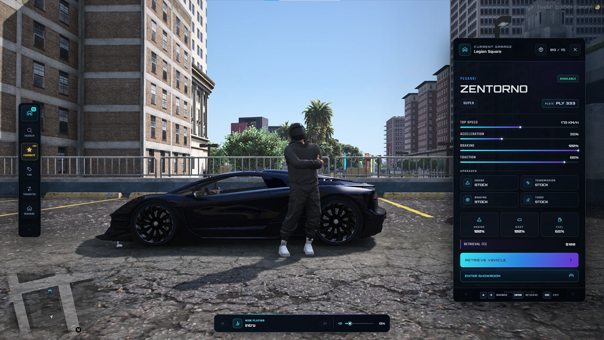 Full Noctra Garage vehicle preview, with the parked car, character, search controls, and detailed vehicle panel